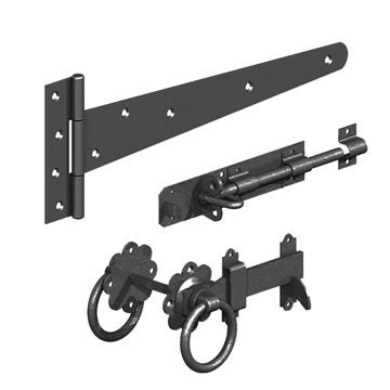 Picture of PERRY SIDE GATE FIXING KIT - BLACK (INCLUDES PAIR OF T-HINGES, BRENTON BOLT & RING LATCH)