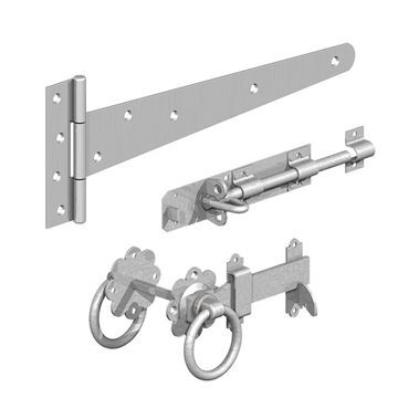 Picture of Perry Side Gate Fixing Kit - Galvanised (Includes Pair Of T-Hinges, Brenton Bolt & Ring Latch)